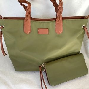 Dark olive green nylon shopping tote with matching wallet